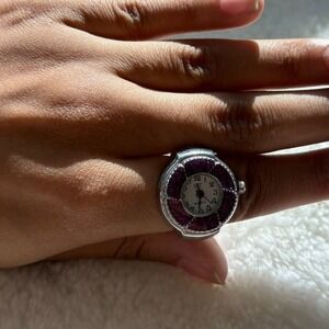 Silver Tone Ring Watch Womens Purple Gemstone Bezel